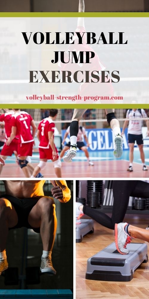 Volleyball jump training exercises and tips for increasing the vertical for volleyball. 

The following are exercises that don’t require equipment. You can use your own bodyweight as resistance.

Do these 3 exercises to get started jump training.

1) In-place hops

2) Forward skips

3) continuous vertical jumps

In-place hops is bouncing up and down just using the ankles. This isn’t a full jump. Just bounce up and down quickly. The main focus is on the ankles and calves. Hop in place for 1 minute.

Forward skips are just focusing on the coordination of skipping. Do 10 skips each leg.

For the continuous vertical jumps, lower down into a 90 degree hip and knee position (like you’re sitting in a chair). Quickly explode up in to a jump. Don’t use your arms for this exercise. Just focus on doing the jump correctly using the lower body. Do 10 consecutive jumps the rest for 30 seconds. Repeat for 2 more sets.

Common Questions about Volleyball Jump Training
What is Jump Training?

Jumping training is also called plyometrics. This type of training is effective way to build explosive power, stability and coordination. Jump training is a type of exercise that primarily focuses on increasing the vertical jump height. For spiking and blocking at the net, jumping height is important. Since it’s an advantage to spike when you jump higher, many volleyball players will do exercises to help increase the jump.  

How often should you do jump training?

Jump training is a very intense form a exercise. The general rule is to allow at least 48-72 hours rest between two jump workouts. Your body needs time for the nervous system to recover. This averages out to a max of 2-3 jump training sessions per week.

What are the primary muscles used in jumping? 

The gluteus maximus is the most important muscle for jumping. Quads and hamstrings are also important for jumping. The key to jumping higher is to focus on the “triple extension” of the ankles, knees, and hips. It’s almost always more important to focus on movement, not the muscles.

Do you need strong legs to jump high?

It’s true your legs need to be strong to jump high. But what’s most important is your ability to produce power. 

So it’s not just about getting strong legs. You need to be strong but also be able to create power. 

This is the advantage of jump training. 

The strength developed with slow movements won't necessarily enable athletes to display their strength quickly.

Basically, you want to get stronger by moving fast. This is why you jump training. You are increasing the strength while also increasing power. 

Will 100 squats a day increase vertical?

Squats are good, but to jump higher, you also need to increase power. You can do this simply by jumping more. 

Is jumping high genetic?

You may be born with the fast twitch muscle fibers that help you jump high. However, anyone can work to increase their jump. 

If you enjoyed these tips and would like to keep it close to you at any time, just save this pin to your Pinterest Volleyball Training Board.